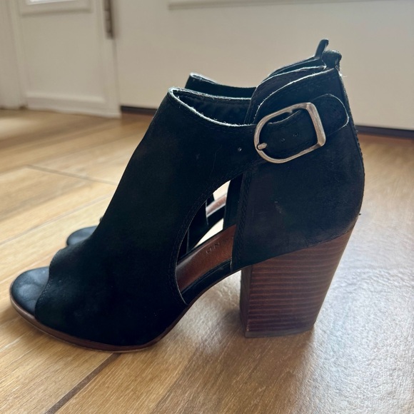 Lucky Brand Black Suede Peep Toe Heeled Booties - Picture 1 of 5